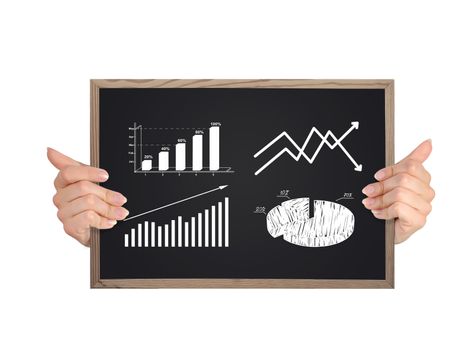 hands holding blackboard with chart on a white background