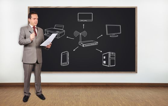 businessman standing in office and blackboard with computer network