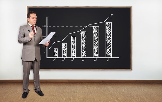 businessman standing in office and blackboard with graph