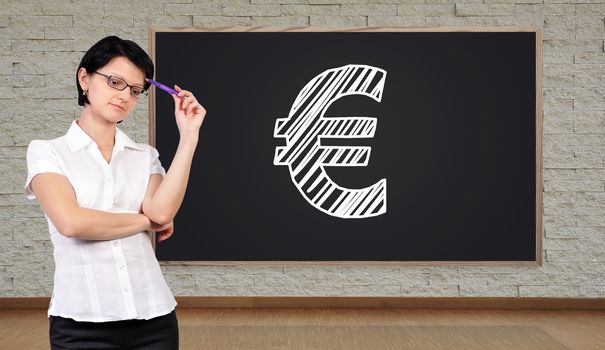 thinking businesswoman and big blackboard with euro on wall