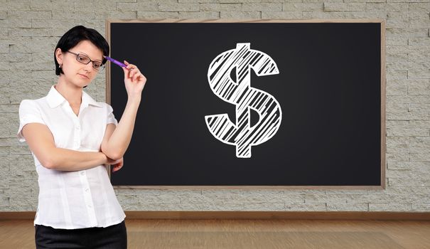 thinking businesswoman and big blackboard with dollar symbol