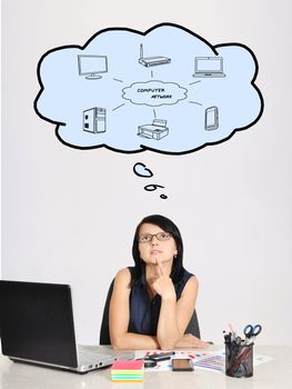 thinking woman in office and speech bubbles with computer network