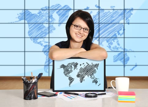 woman with note pad with world map