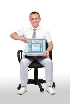man sitting on chair and holding laptop with template web page