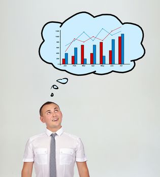 businessman and speech bubbles with chart over head