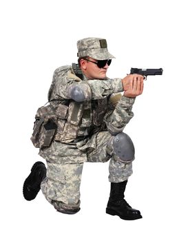 US soldier with gun on white background