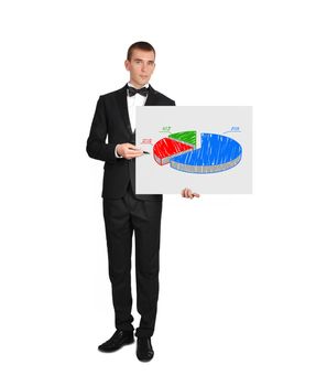 businessman in tuxedo holding poster with chart