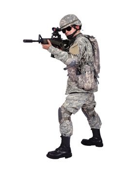soldier with assault rifle on white background