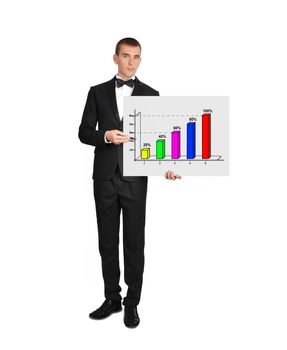 businessman in tuxedo holding poster with chart