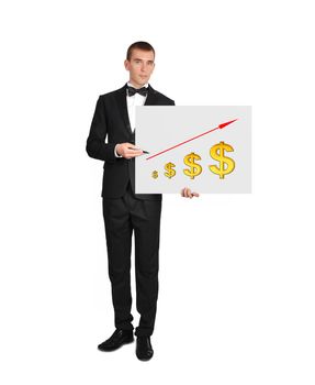 businessman in tuxedo holding poster with dollar chart