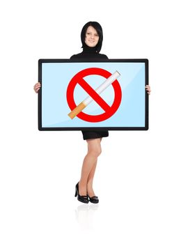 woman holding plasma panel with stop smoking symbol