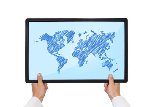 digital tablet in hand with world map