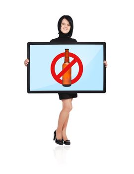 woman holding plasma panel with no alcohol symbol
