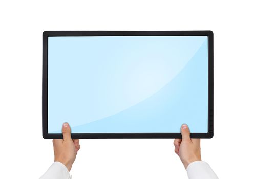 hands holding blank  touch pad on a white background