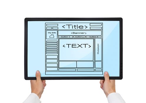 Hands holding tablet, with template website