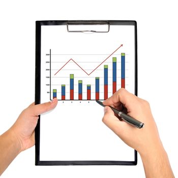 hand holding clipboard with chart on a white background