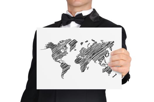businessman holding placard with world map