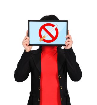 woman holding  touch pad with stop smoking symbol
