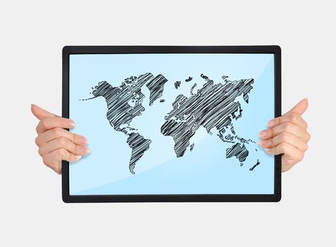 tablet with world map in hands on a white background