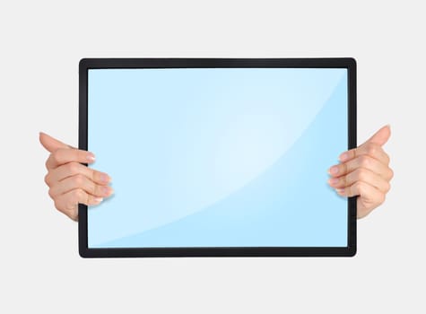 hands holding blank tablet  on a white background