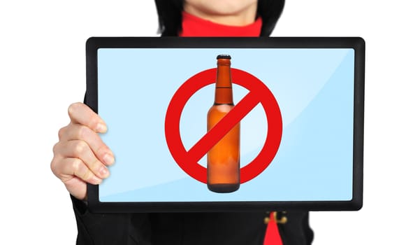 woman holding  touch pad with no alcohol symbol