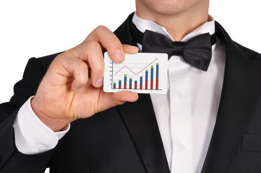 businessman holding visiting card with chart