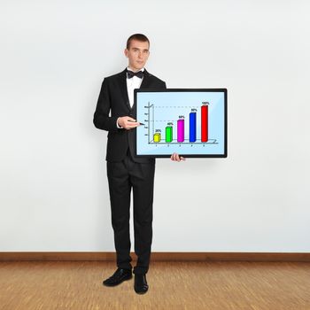 businessman in room holding plasma with color graph