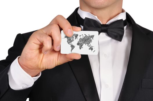 businessman holding visiting card with world map