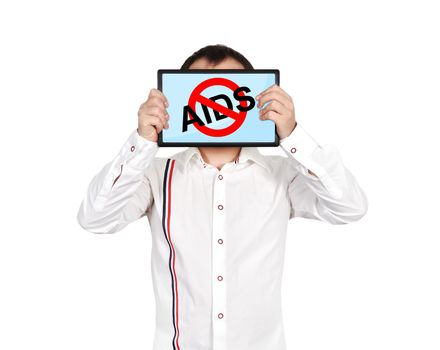 businessman holding tablet with stop aids symbol