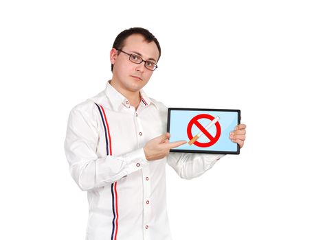 men holding tablet with  stop smoking symbol