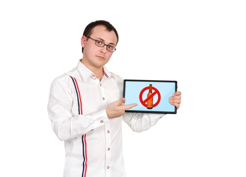 men holding tablet with no alcohol symbol