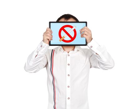 men holding tablet with  stop smoking symboll