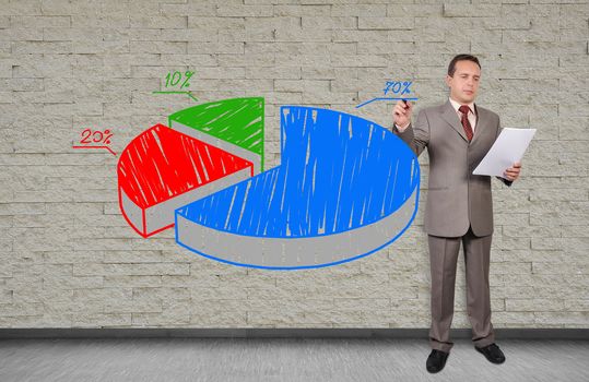 businessman drawing pie chart on an invisible wall