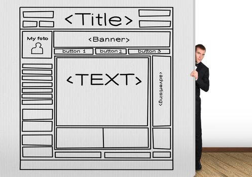 businessman looking out from behind a wall with drawing template website