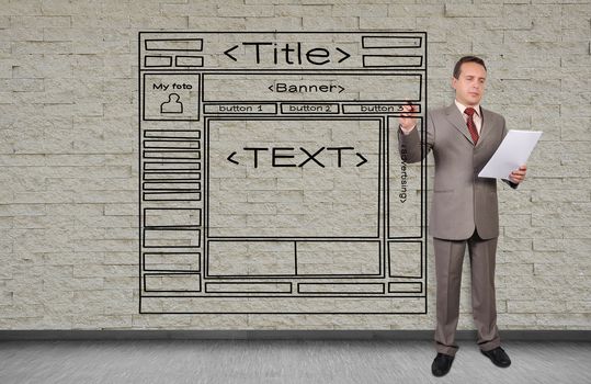 businessman drawing template website on an invisible wall