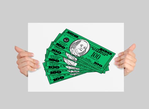 hands holding paper with drawing dollars