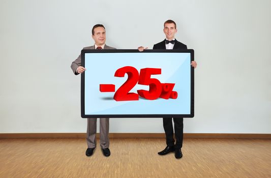 two businessman in room holding plasma panel with discount