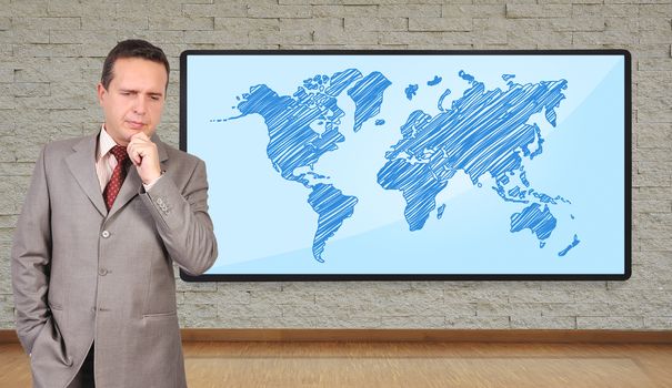 businessman thinking and plasma with world map on wall