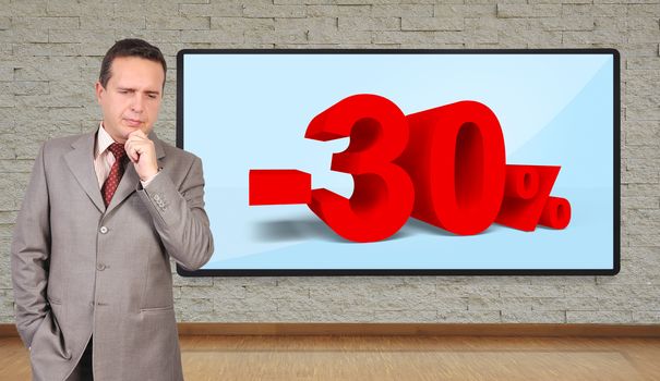 businessman thinking and plasma panel with discount on wall