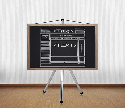 blackboard with drawing  template  website  on tripod standing in office