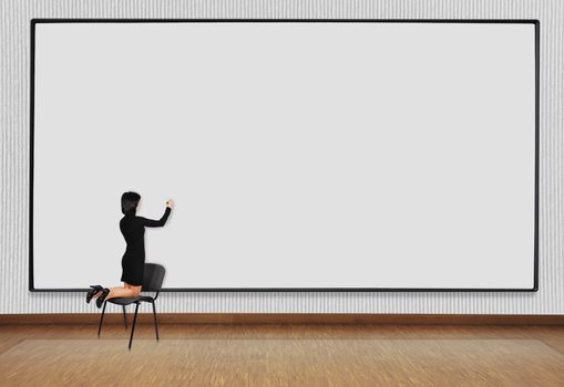 woman standing on a chair and drawing on blackboard