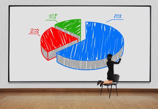 woman standing on a chair and drawing pie chart