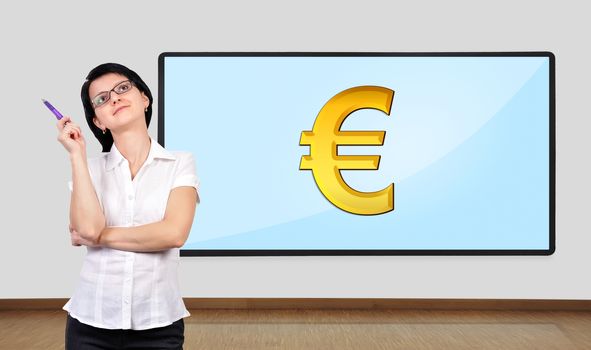 businesswoman thinking and big plasma on wall with euro symbol