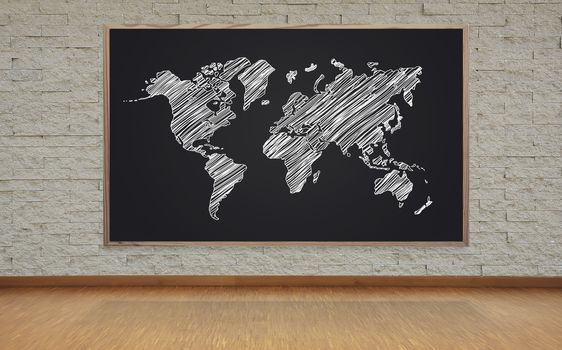 blackboard with drawing world map on brick wall