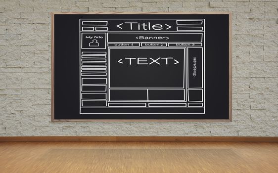 blackboard with template web page on brick wall in office