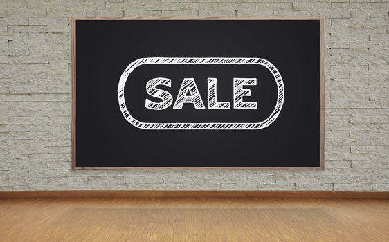 blackboard on brick wall with sale symbol in office