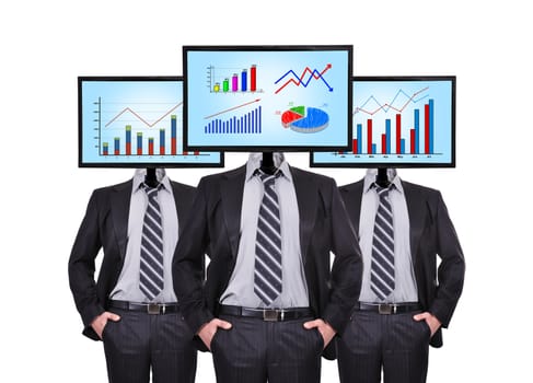 three businessman and monitor with chart for a head