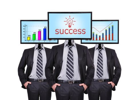 businessmans and monitor with chart and success for a head