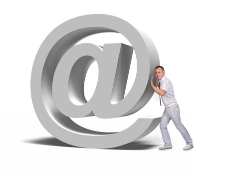 businessman pushing big email symbol on a white background