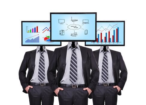 businessmans and monitor with chart and wi-fi scheme for a head